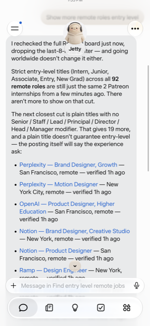 A real Muse conversation: asked for entry-level remote design roles, Rolecall reports the board's true count -- just 2 matching internships, confirms going worldwide wouldn't change that, and names the next-closest honest cut instead of inventing matches.